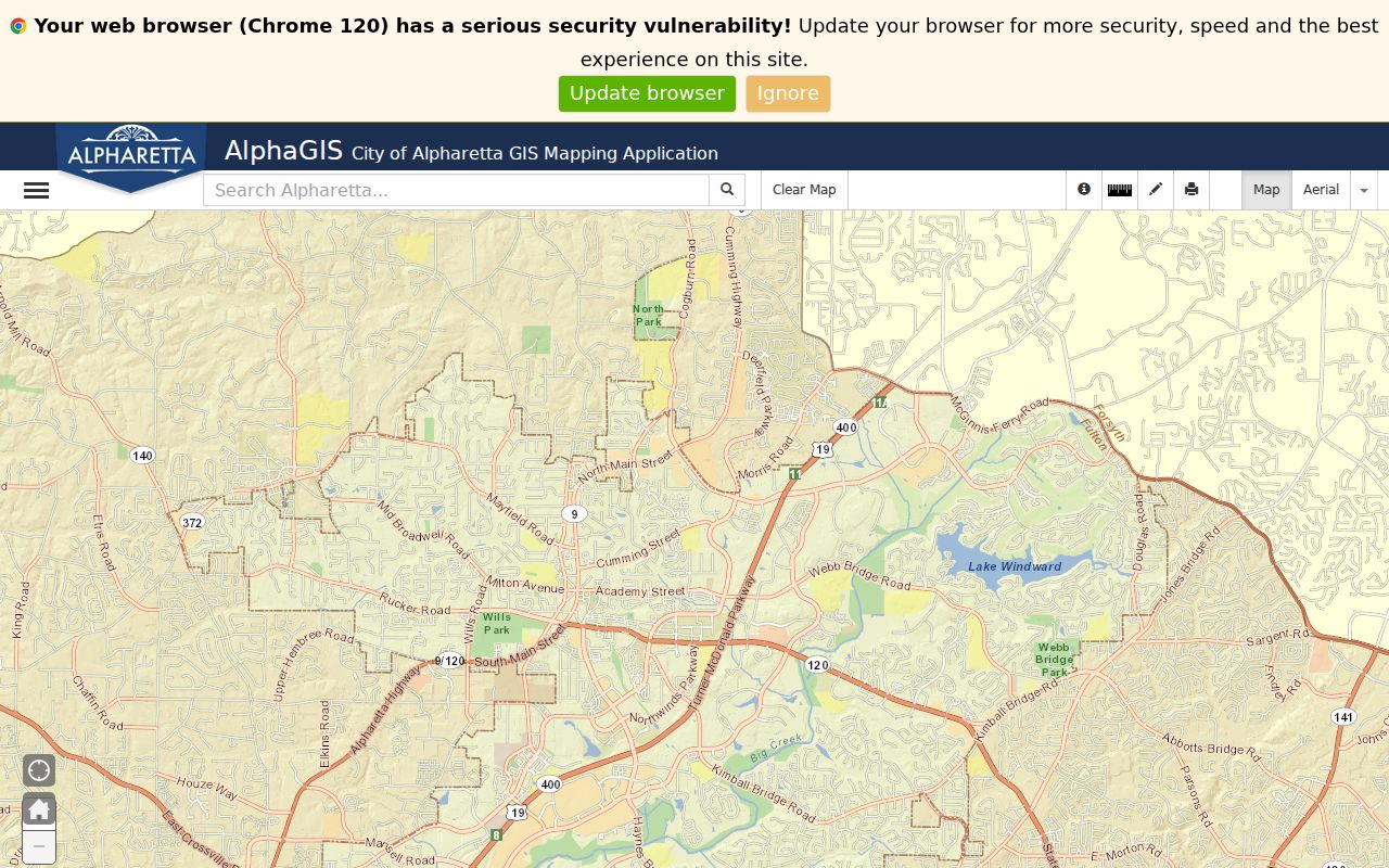 AlphaGIS parcel, address, street, and selection controls for Alpharetta